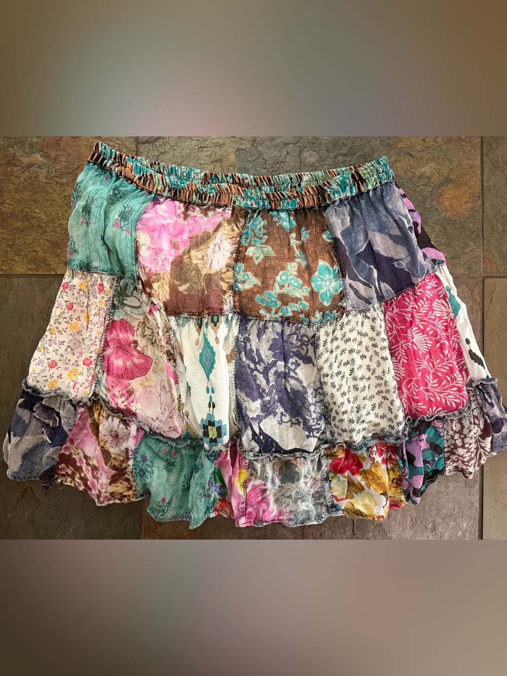 Young Threads elastic waist sz medium Patchwork Boho  squares Mini Skirt . Lined